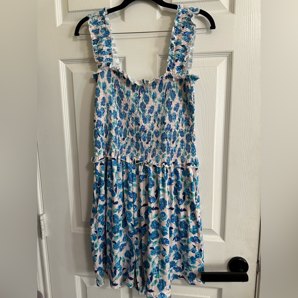 Deepself Floral Blue Sleeveless Short Romper with Pockets  NWT XL